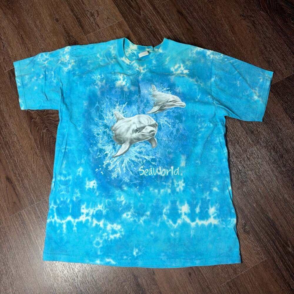 Vintage SeaWorld Dolphin Tie Dye T-Shirt Size Large Blue Breakthrough AOP